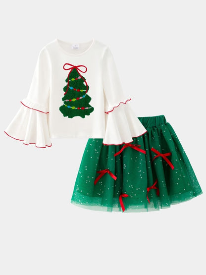 Girls Christmas tree top with green sparkle tutu skirt