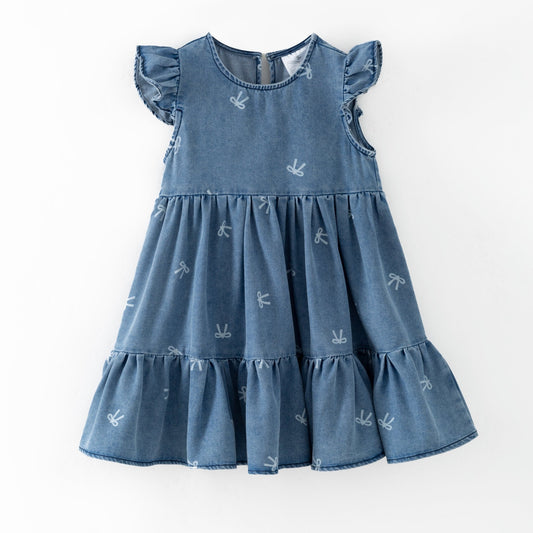 Blue denim bow print dress with ruffled sleeves and bottom on a white background