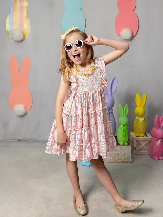 Classic Easter Eggs Ruffled Apron Dress on a model