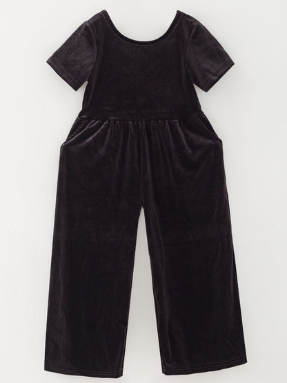 Black girls velvet wide-leg jumpsuit with short sleeves and side pockets