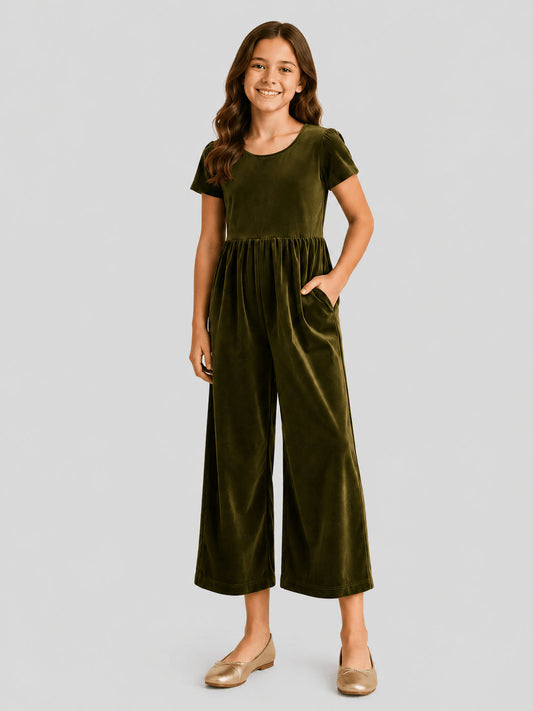 Olive green girls velvet wide-leg holiday jumpsuit with pockets - Alternative view