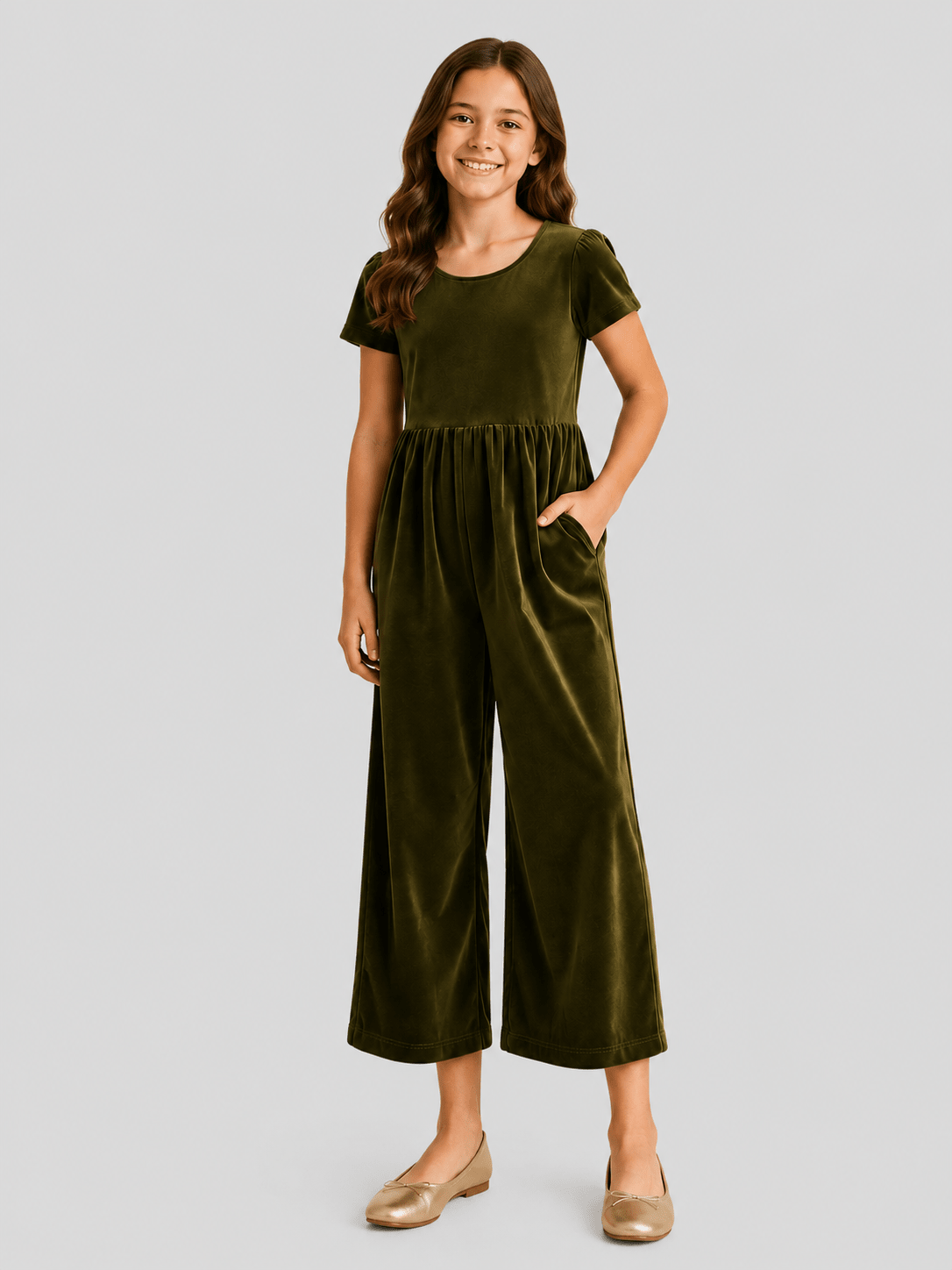 girls’ velvet wide-leg jumpsuits with pockets in olive