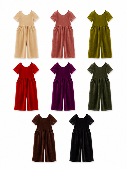 Girls’ jumpsuits: Eight girls’ velvet wide-leg jumpsuits with pockets in ivory, dusty rose, light olive, red, plum, dark olive, brown and black.