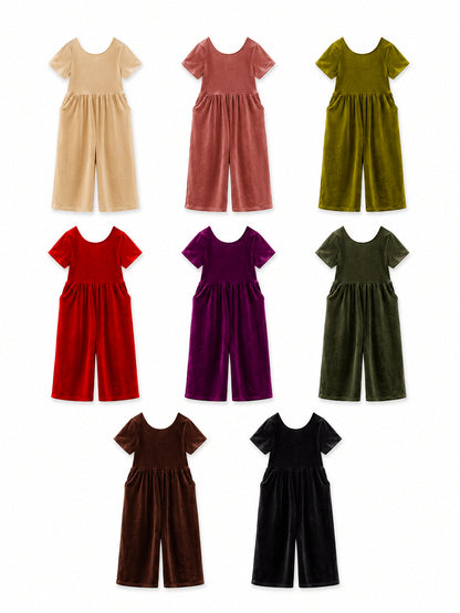 Girls velvet wide-leg holiday jumpsuits with pockets in eight colors