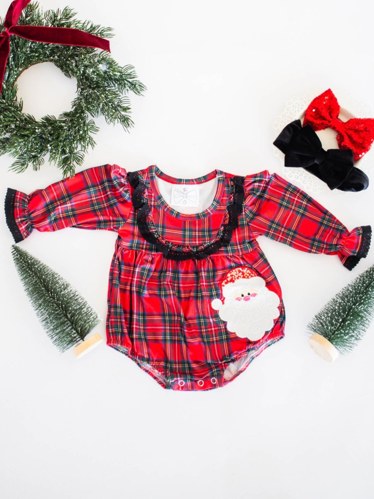 Baby girl red plaid Christmas romper with Santa design
