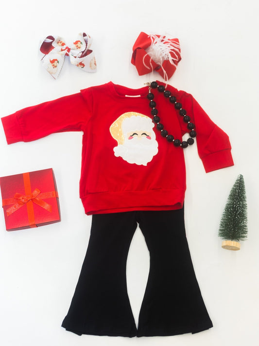 Girls classic Santa Christmas top with red and black bell bottoms