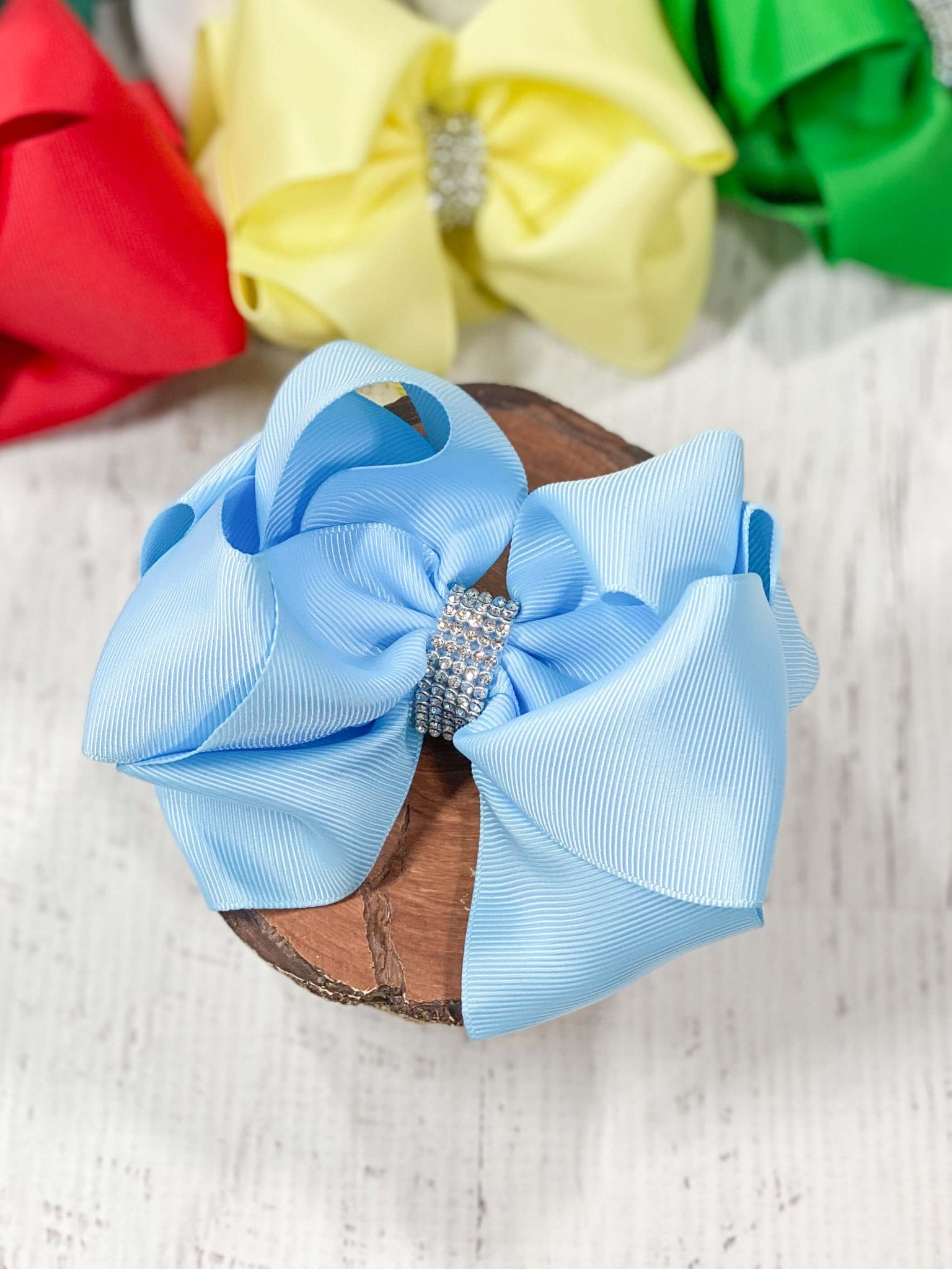 Sky Blue Oversized Rhinestone Center Knot Hair Bow