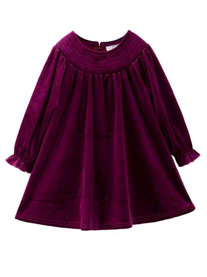 Plum velvet girls dress with smocked yoke and long ruffle-cuff sleeves, a Christmas dress — The Hair Bow Company