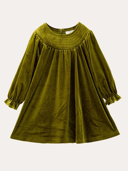 Deep green velvet girls dress with smocked yoke and long puff sleeves — The Hair Bow Company holiday dress