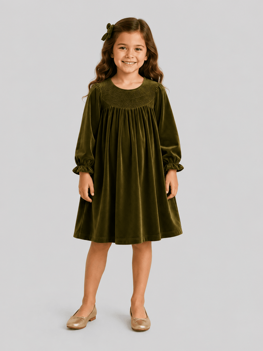  smocked velvet holiday dresses in olive - Alternative view