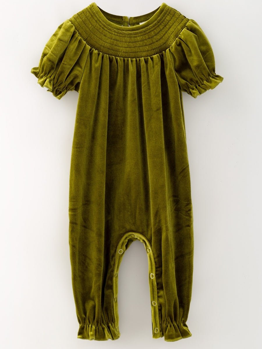 Deep green velvet baby girl Christmas romper with smocked yoke and puff sleeves