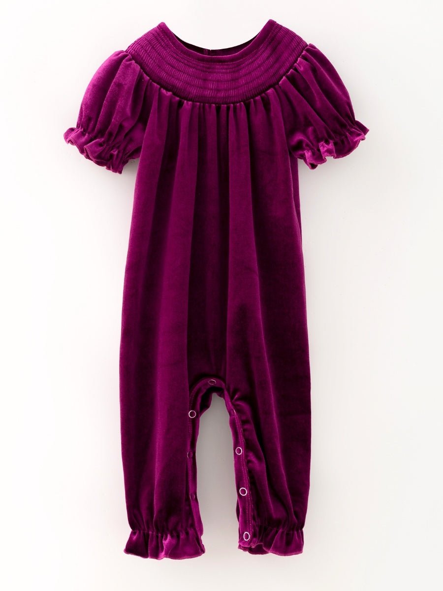 Plum velvet baby girl romper with smocked yoke and ruffle puff sleeves, a Christmas holiday one-piece — The Hair Bow Company