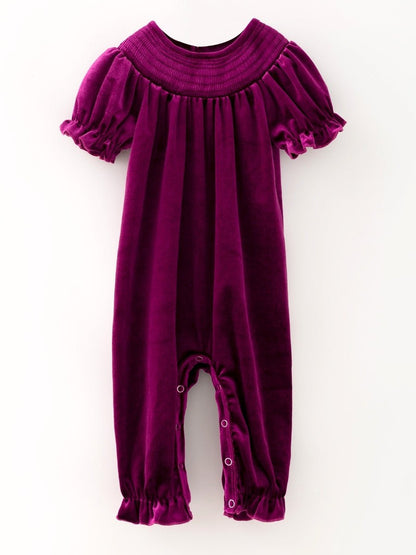 Plum velvet baby girl romper with smocked yoke and ruffle puff sleeves, a Christmas holiday one-piece — The Hair Bow Company