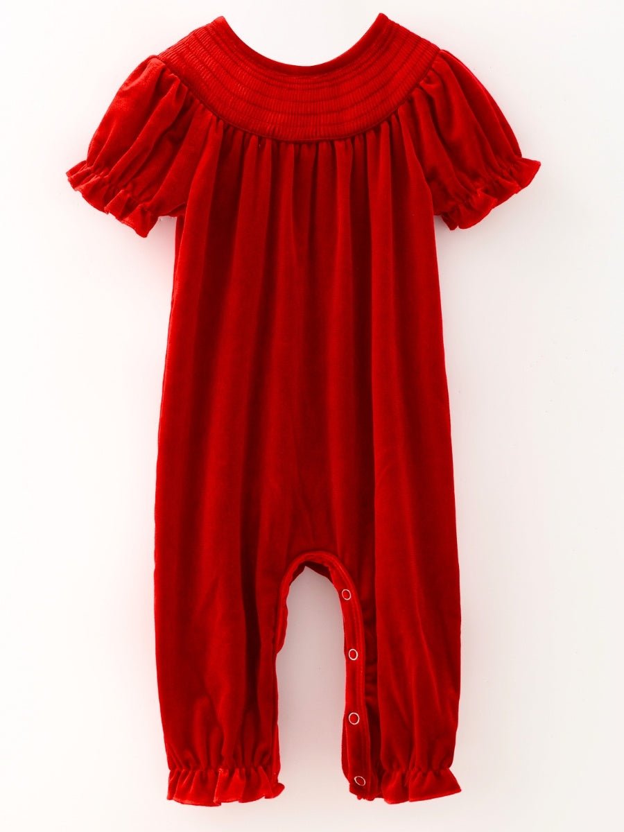 Red velvet baby girl romper with smocked yoke and puff sleeves, a classic Christmas outfit — The Hair Bow Company