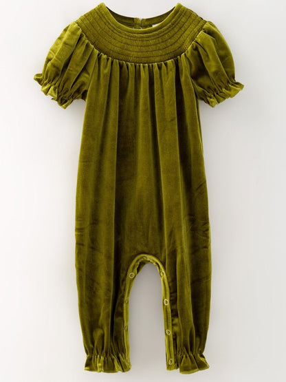 Deep green velvet baby girl romper with smocked yoke and puff sleeves, a Christmas one-piece — The Hair Bow Company