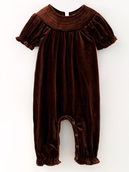 Chocolate brown velvet baby girl romper with smocked yoke and ruffle puff sleeves — The Hair Bow Company holiday outfit