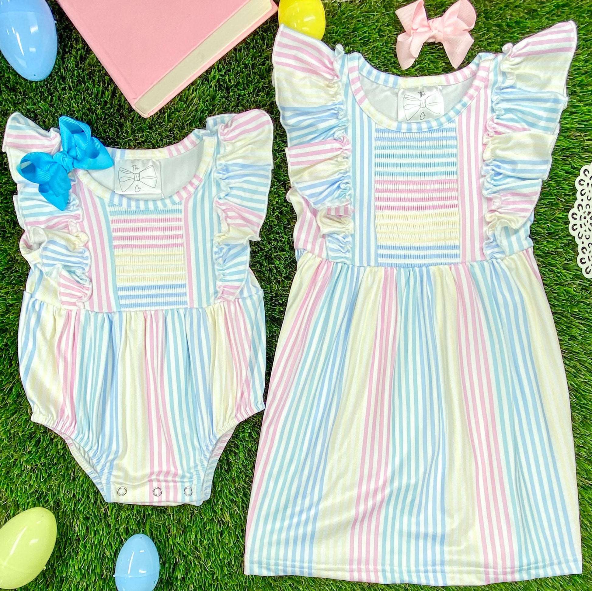 sibling set shown of striped boutique dress and romper