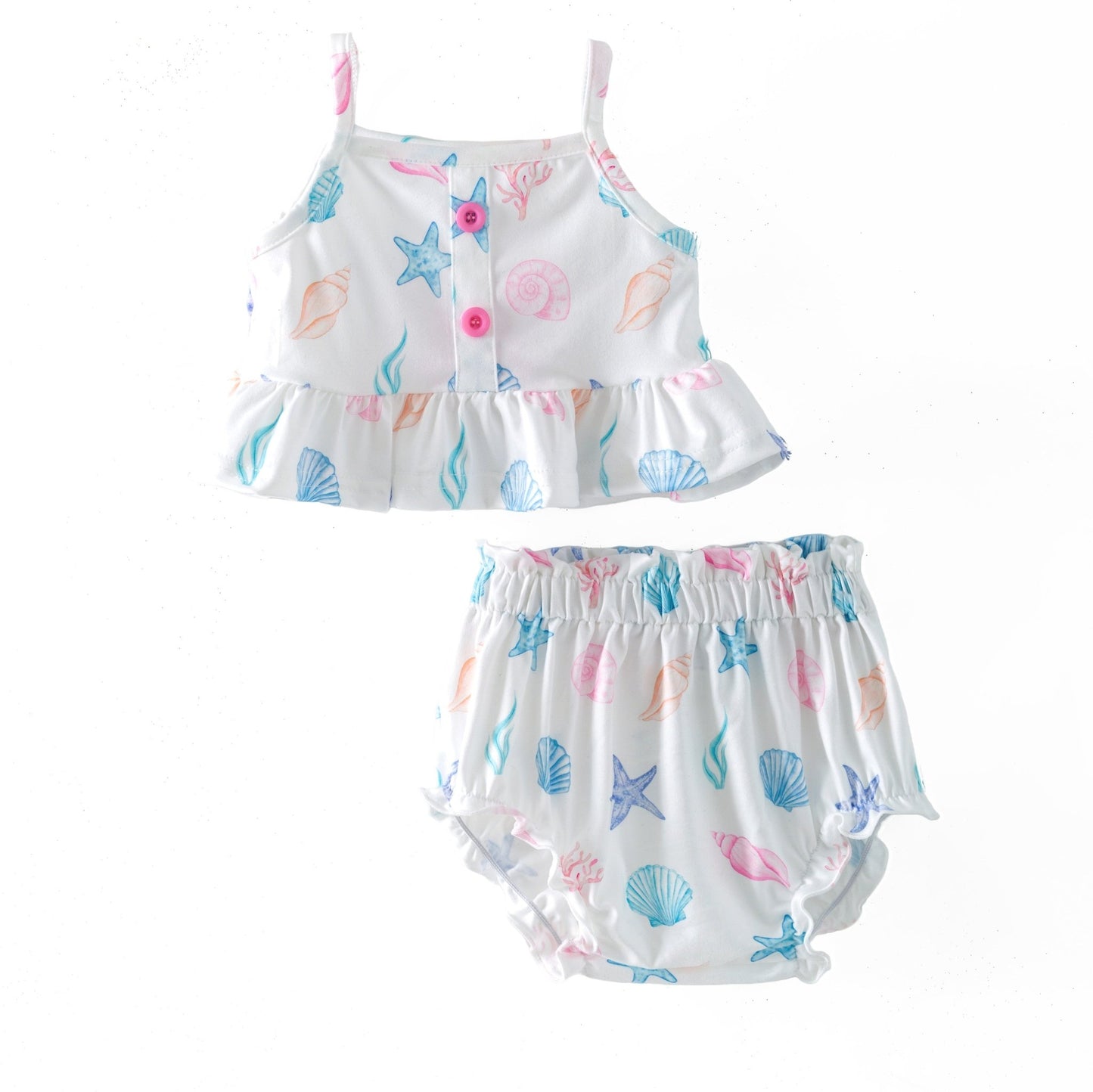 Children's two-piece romper with shell and starfish pattern on a white background