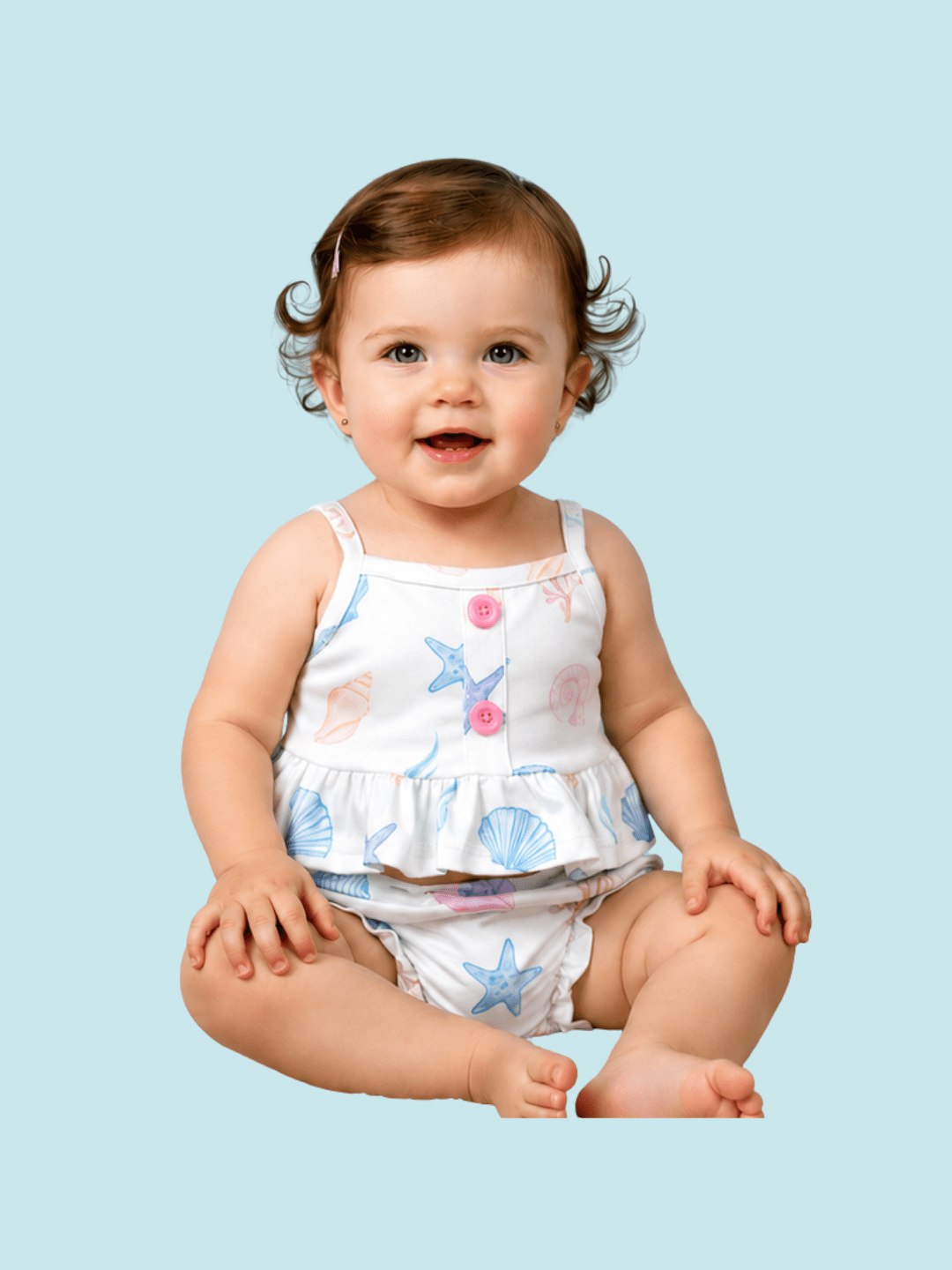 infant wearing romper with sea-themed print on a blue background