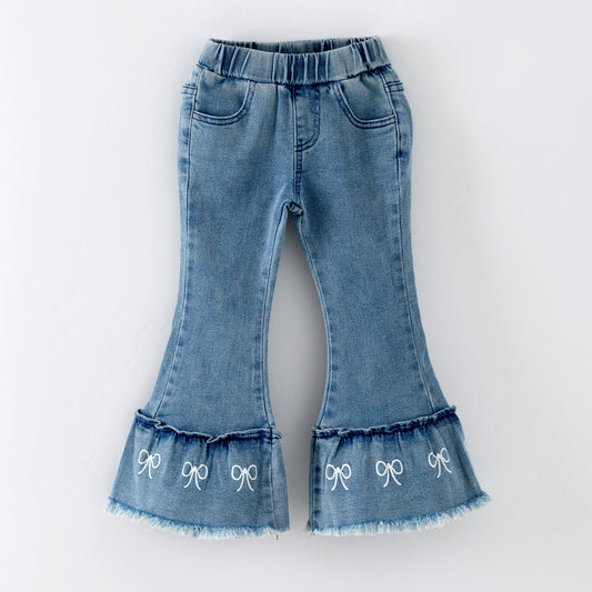 Ruffle hem jeans with little bows on a white background - Alternative view
