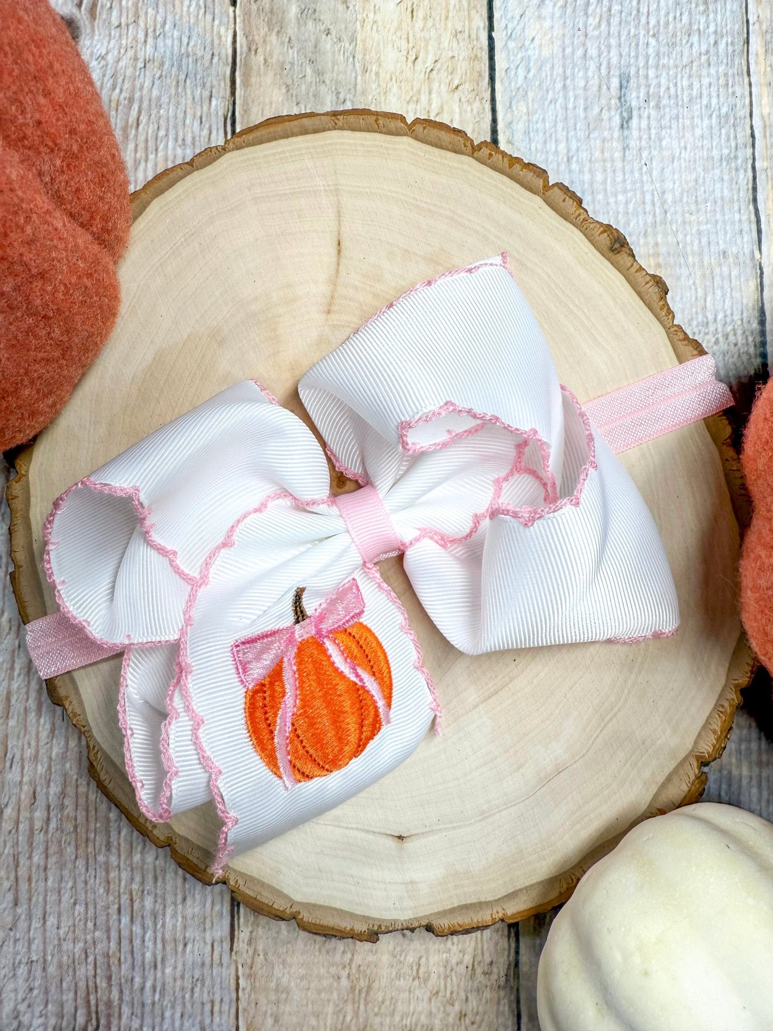 Coquette Pumpkin Embroidered Moonstitch Bow Headband on satin elastic band