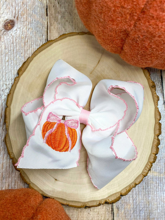 Coquette pumpkin embroidered moonstitch hair bow on alligator clip