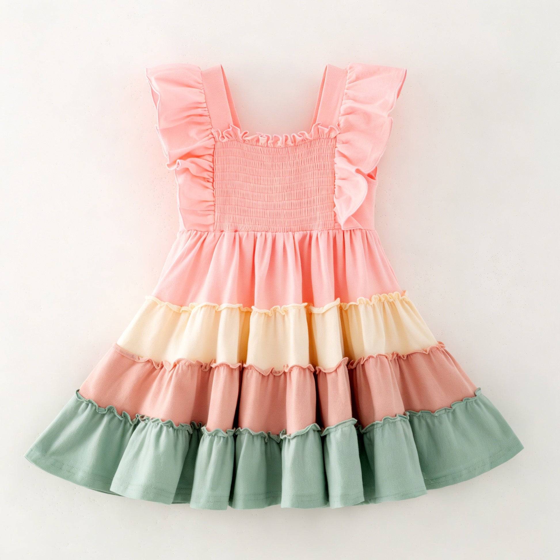 Colorful tiered dress with ruffled details on a light background