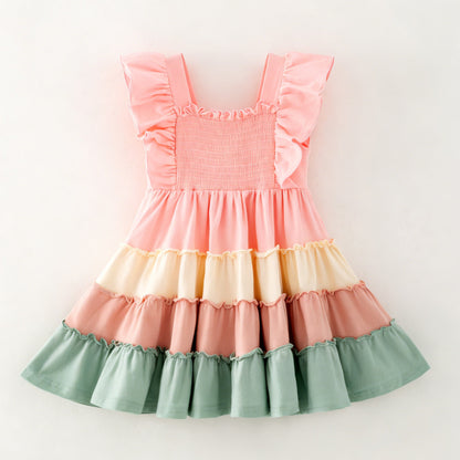 Colorful tiered dress with ruffled details on a light background