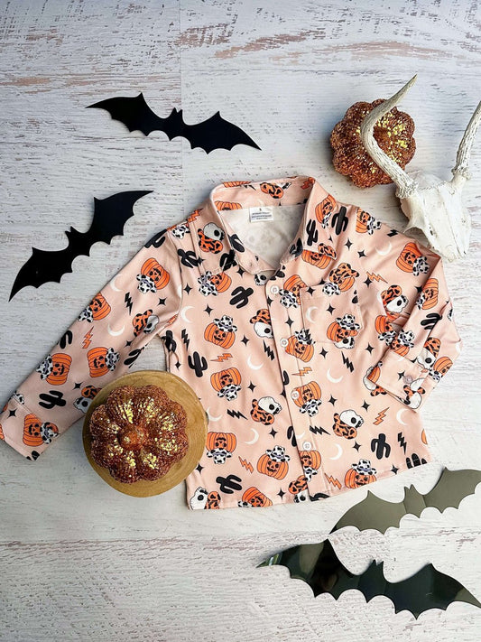 Halloween button-down with cowboy jack-o'-lanterns and skeletons