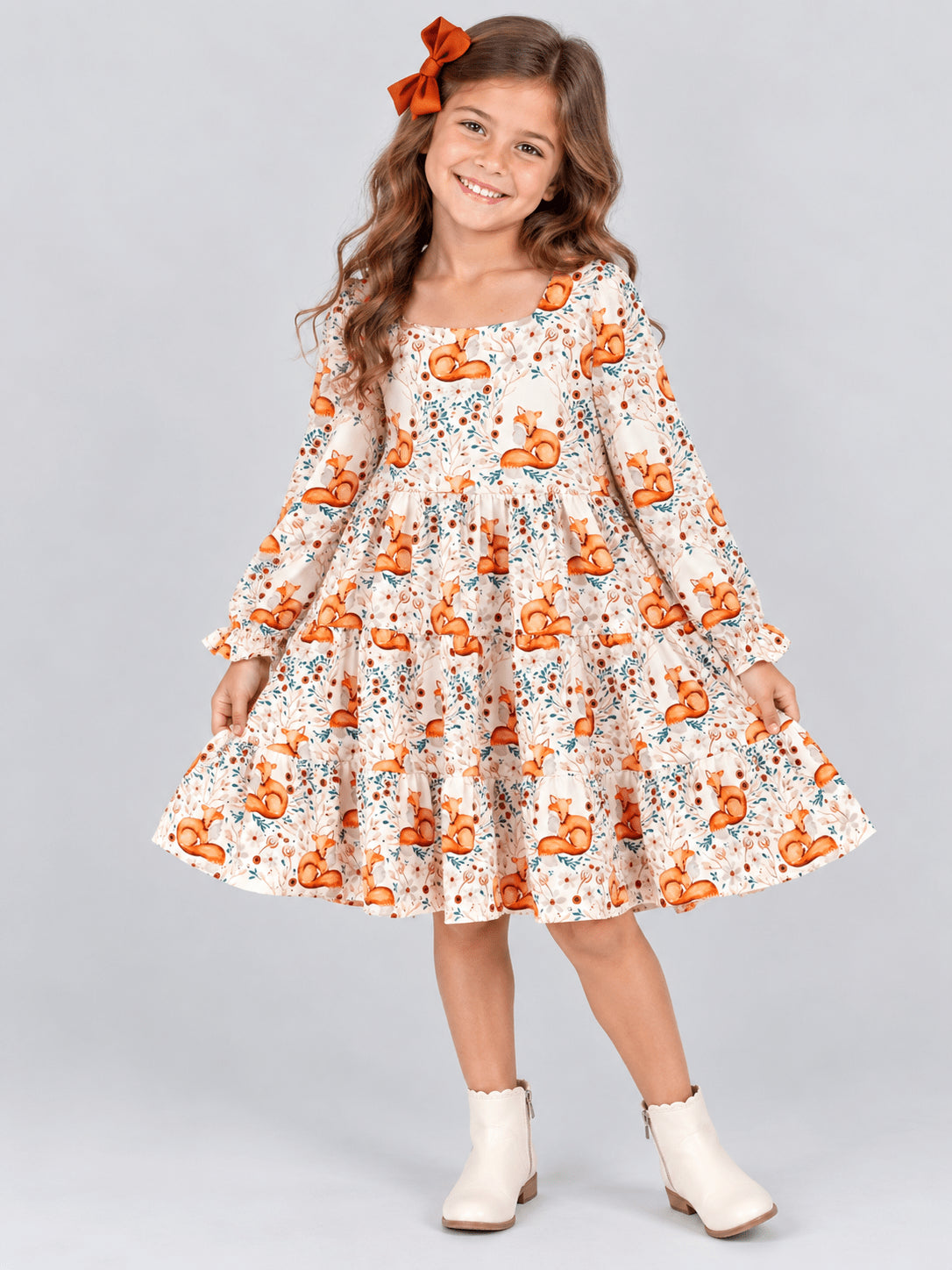 Fox print tiered twirl dress with long sleeves