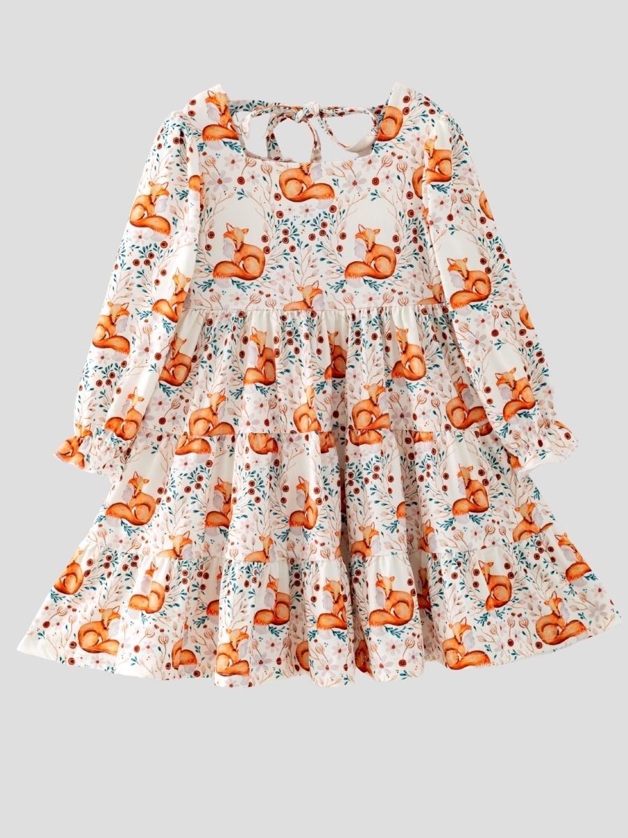 Girls woodland fox tiered twirl dress, boutique long sleeve fall dress for toddlers and girls