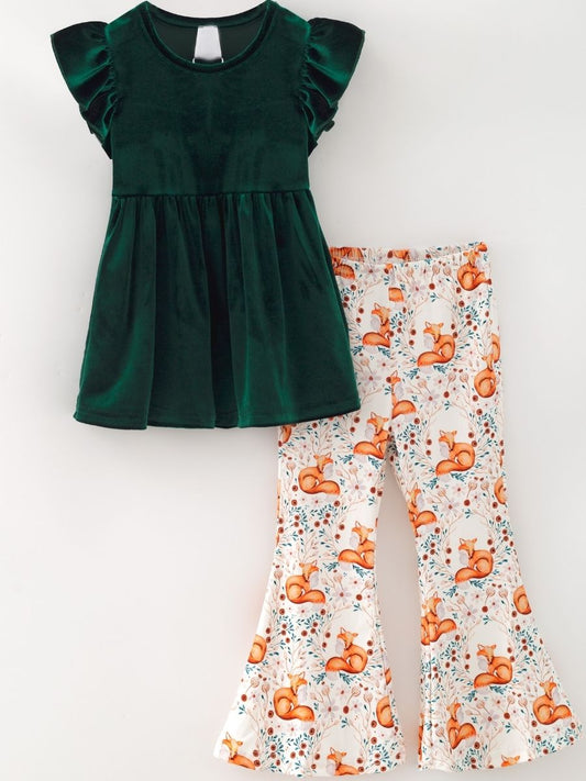 Girls hunter green velvet tunic and fox bell bottom pants set, boutique woodland fall outfit for toddlers and girls