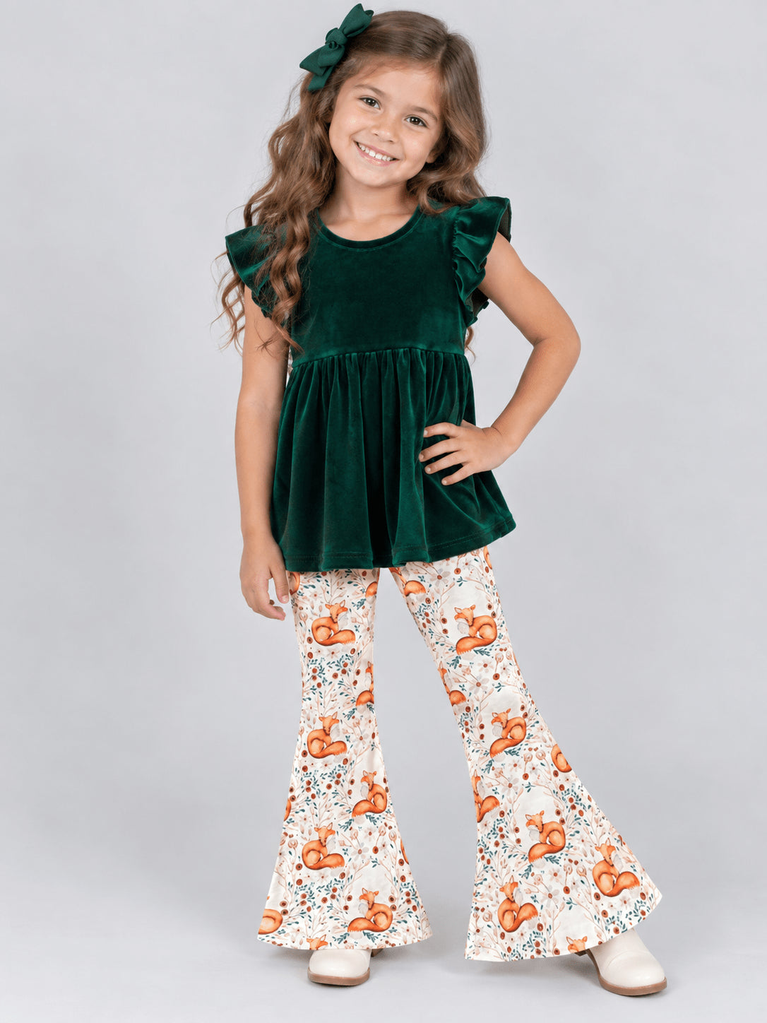 Green velvet tunic with fox print bell bottoms