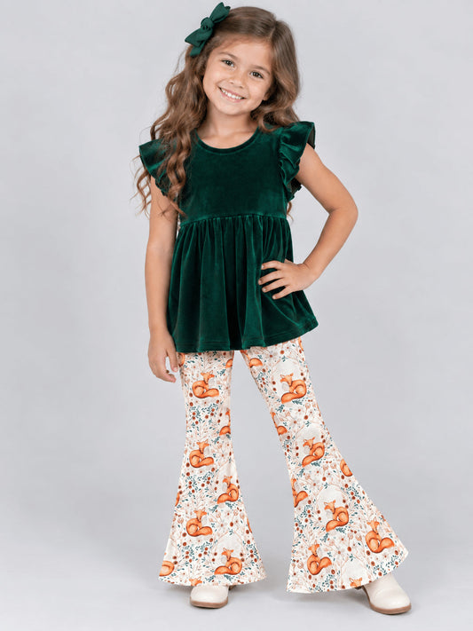 Green velvet tunic with fox print bell bottoms