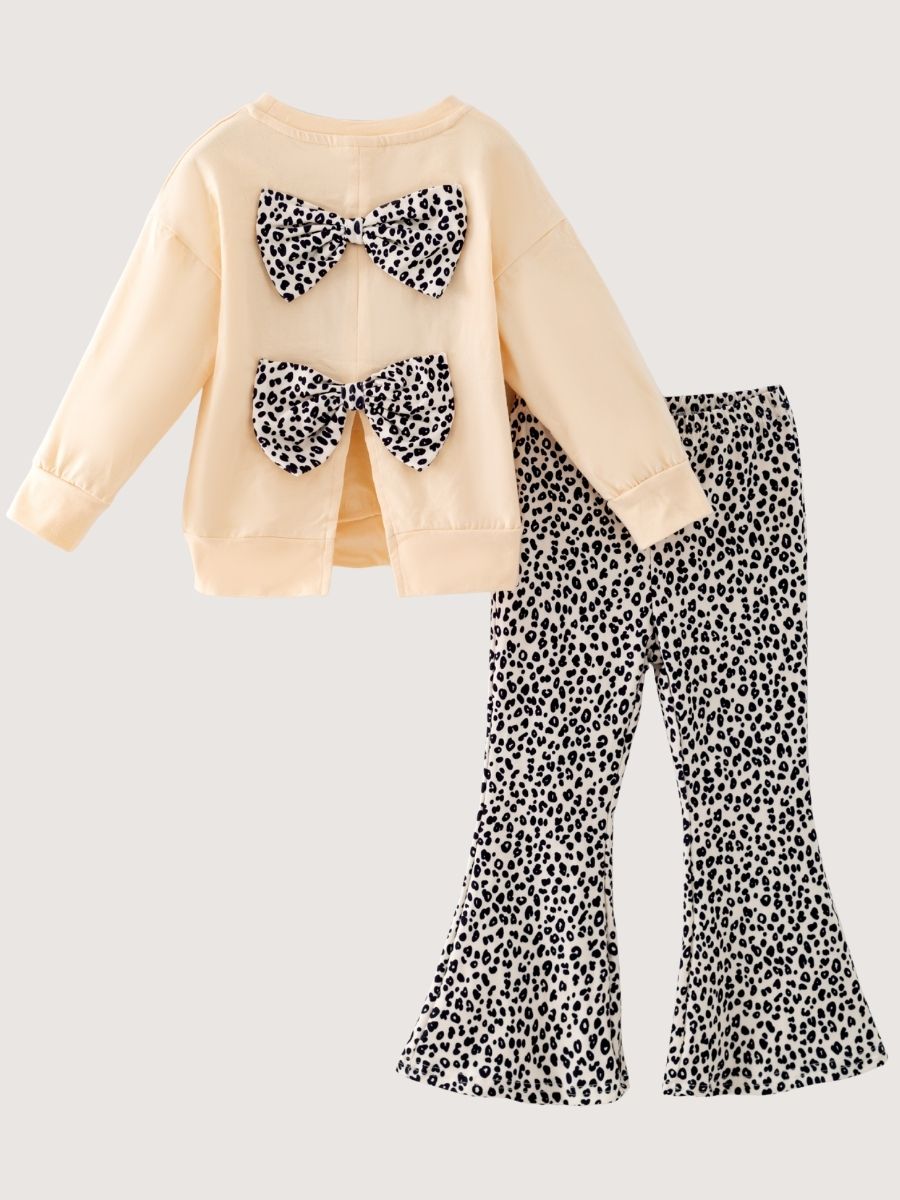 Back of Girls Cozy Season Bell Bottom Outfit with Leopard Bow Back Sweatshirt and Leopard Bell Bottom Pants