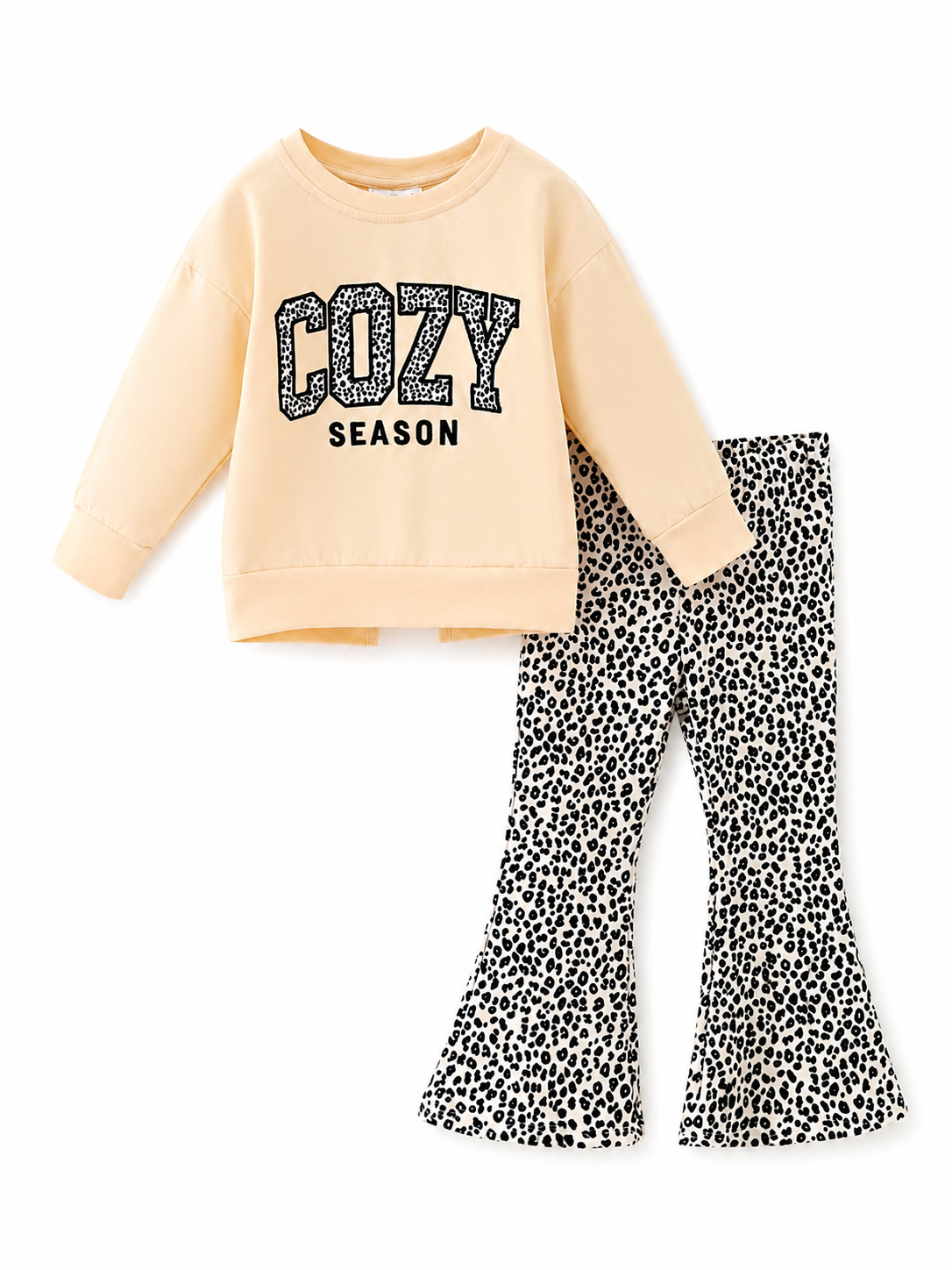 Girls Cozy Season Bell Bottom Outfit with Cream Sweatshirt, Leopard Cozy Season Graphic and Bell Bottom Pants