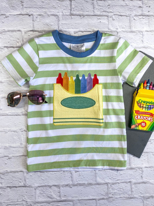 Green striped boys top with crayons