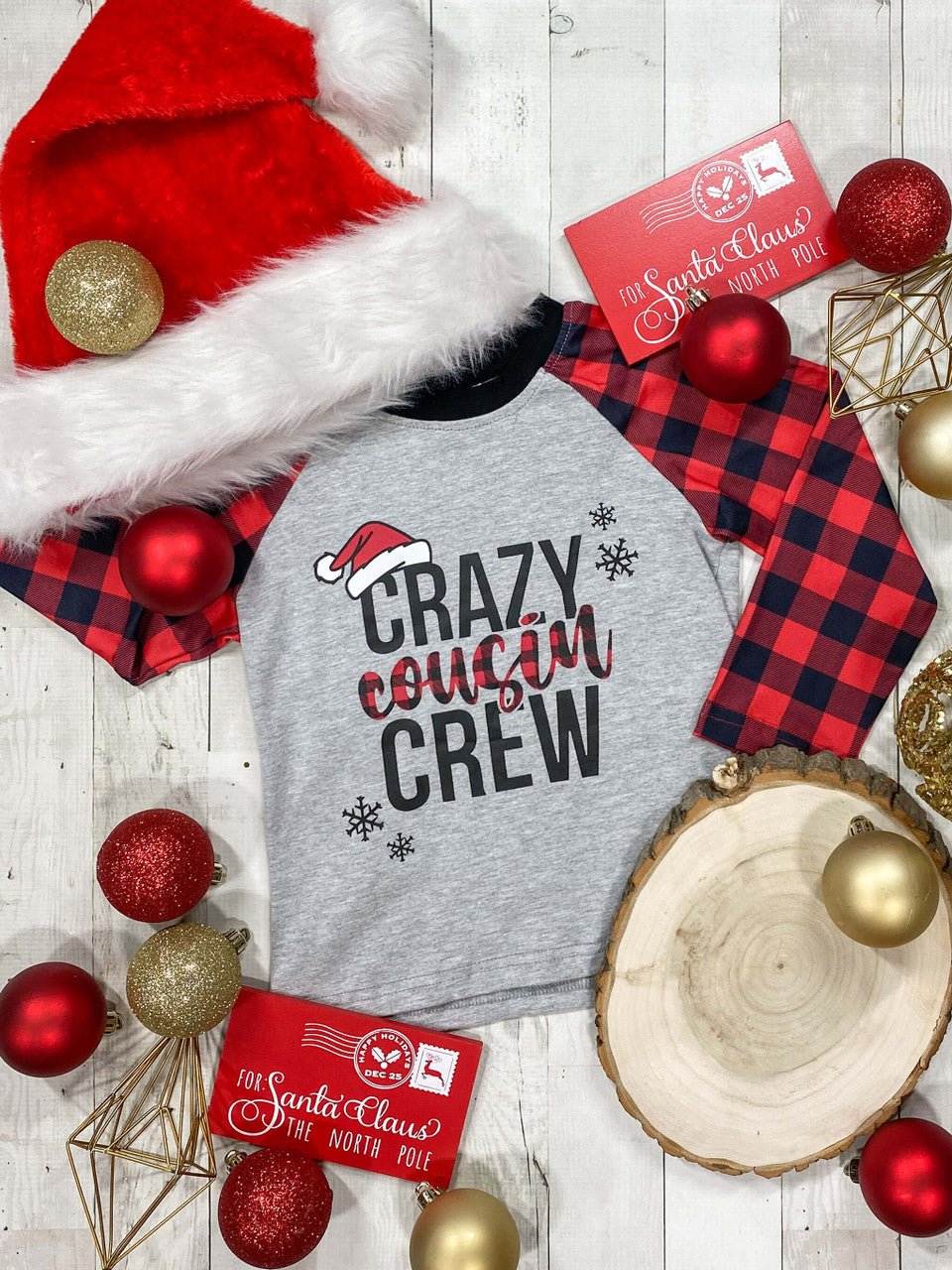 Gray sweatshirt with 'Crazy Cousin Crew' text, red and black checkered fabric, 