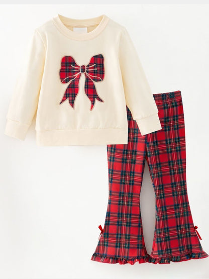 Cream girls outfit with plaid bow sweatshirt and plaid bell bottom pants