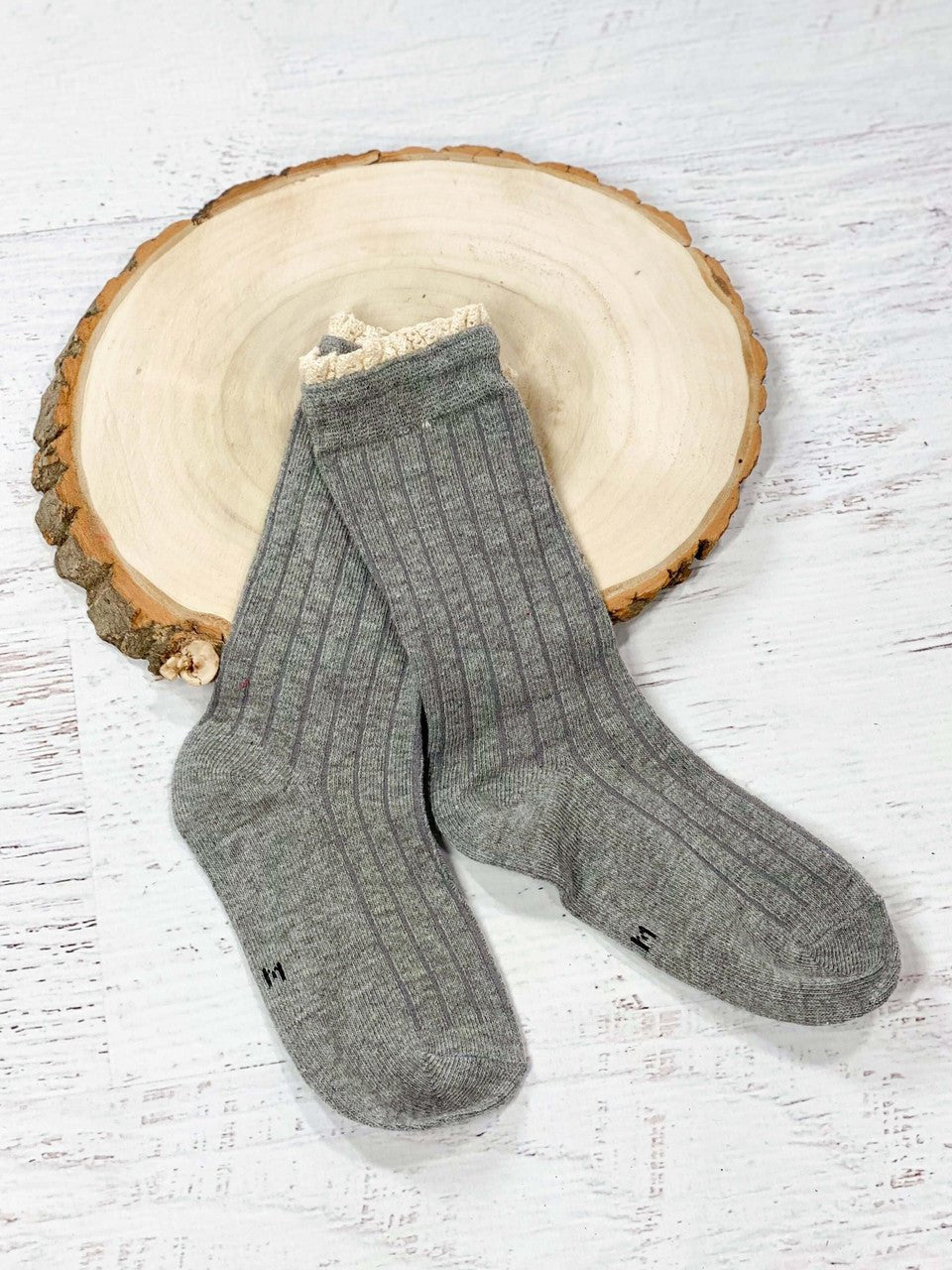 Grey socks with crochet lace trim