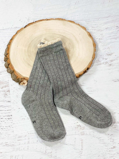 Grey socks with crochet lace trim