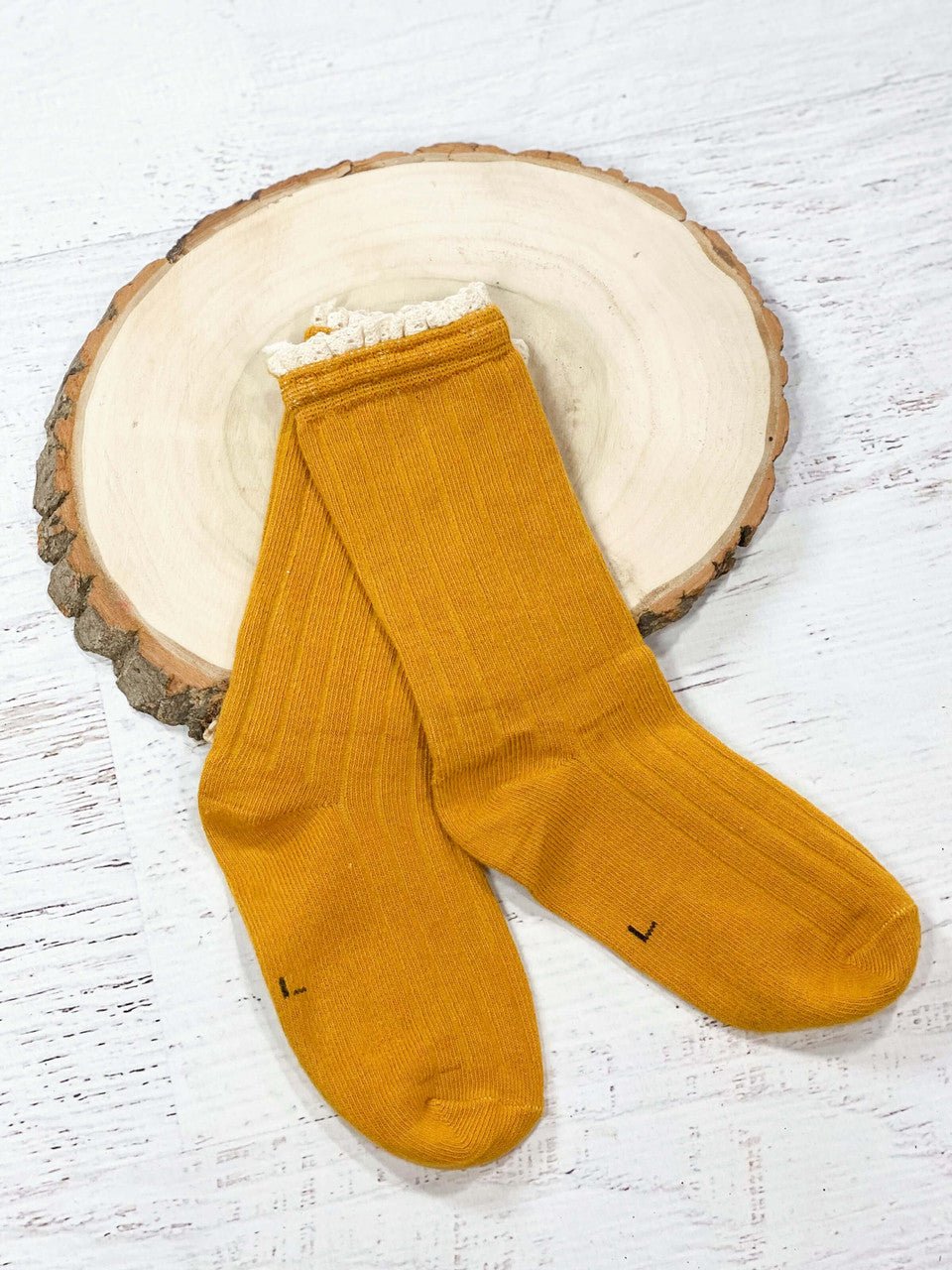Mustard socks with crochet lace trim