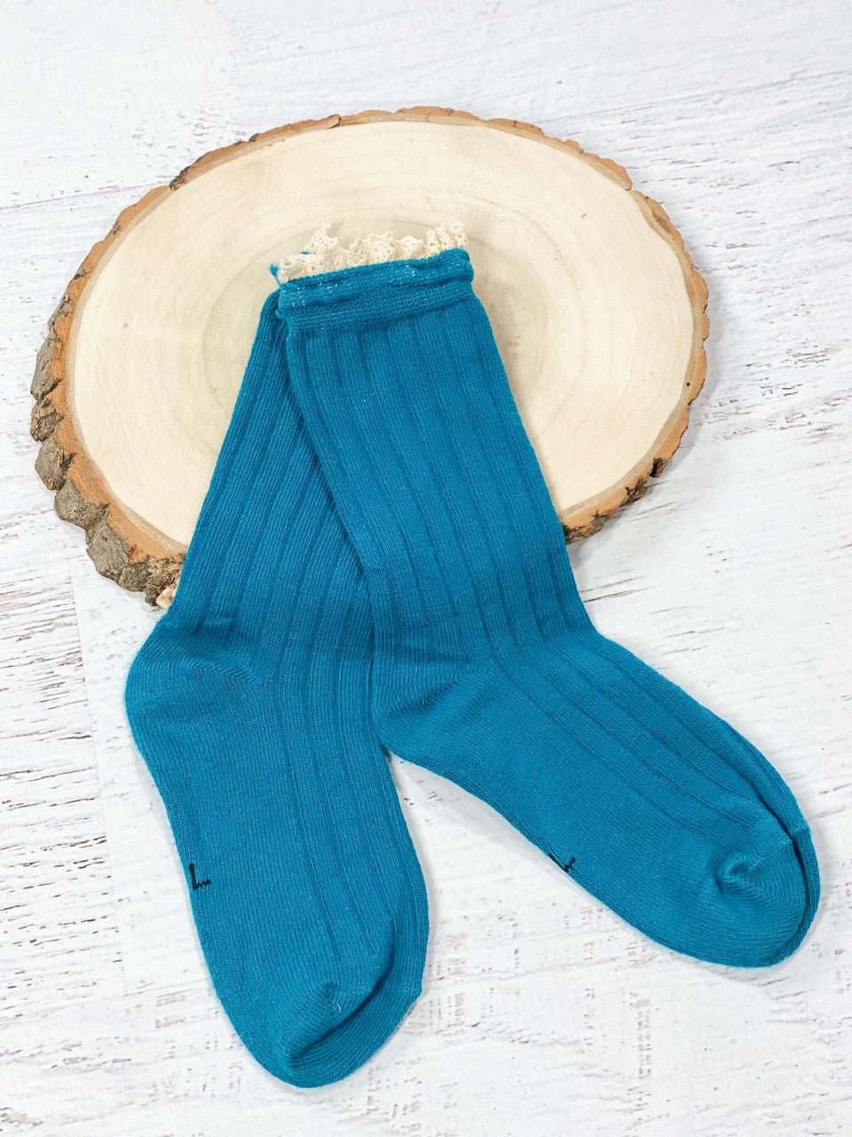 Teal socks with crochet lace trim