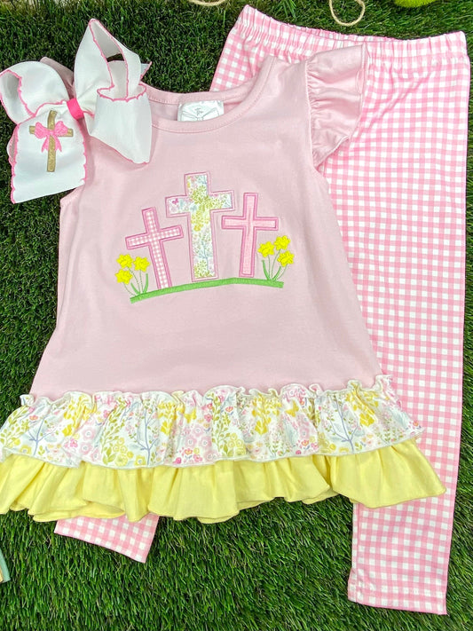 Cross Appliqué Easter Girls Leggings Set by The Hair Bow Company
