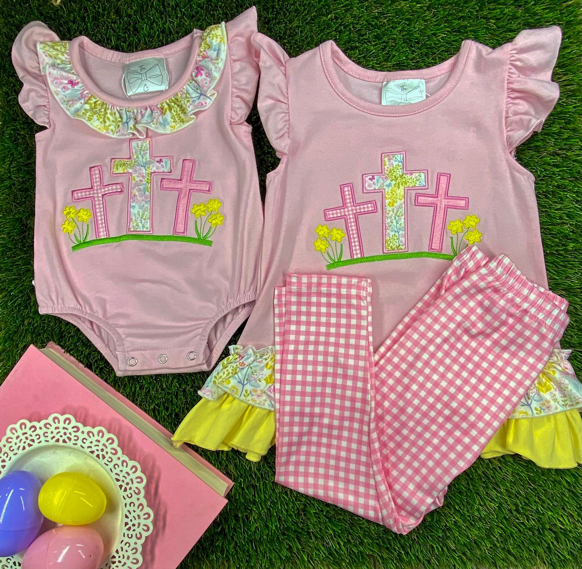 Cross Appliqué Easter Girls Sibling Set 