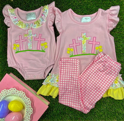 Cross Appliqué Easter Girls Sibling Set 