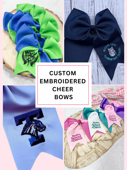 Custom embroidered cheer bows for cheer and dance teams