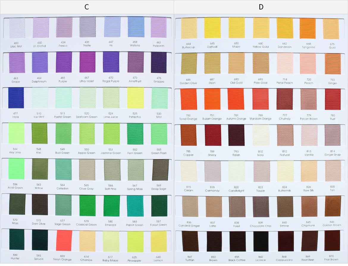 Ribbon color chart for custom embroidered bows, page 2
