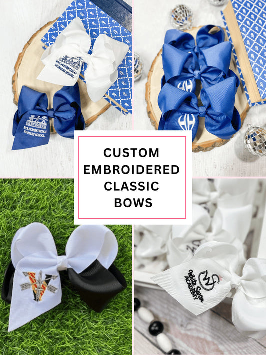 Collage of custom embroidered school bows in various designs and colors