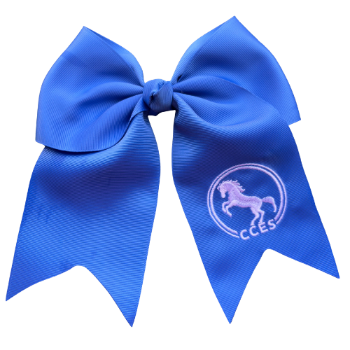Blue hair bow with a logo on a white background